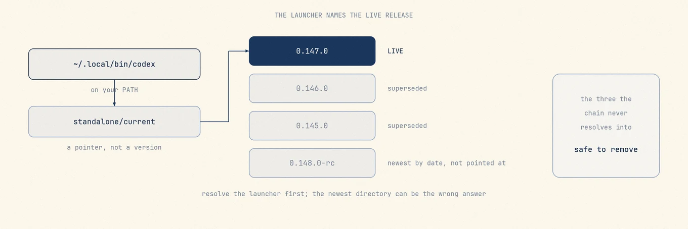 A launcher symlink on the PATH resolving through a current pointer into one release directory. Other release directories need separate checks for active use before removal.
