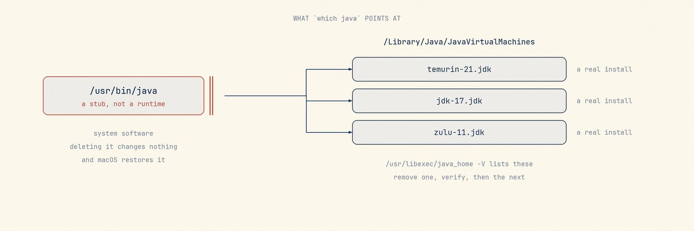 Command line stubs in system directories point at JDKs installed under Library Java Virtual Machines, while the Oracle runtime plug-in and preference pane are a separate install.