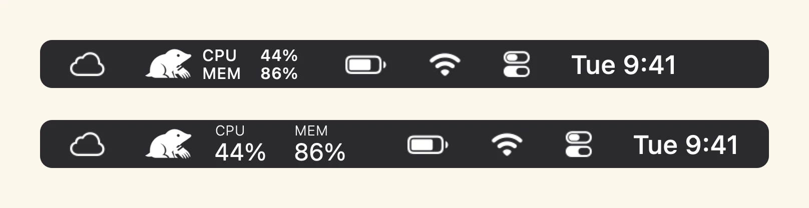 The same menu bar before and after: two lines of small text on top, and below it the new style with each label above its value.