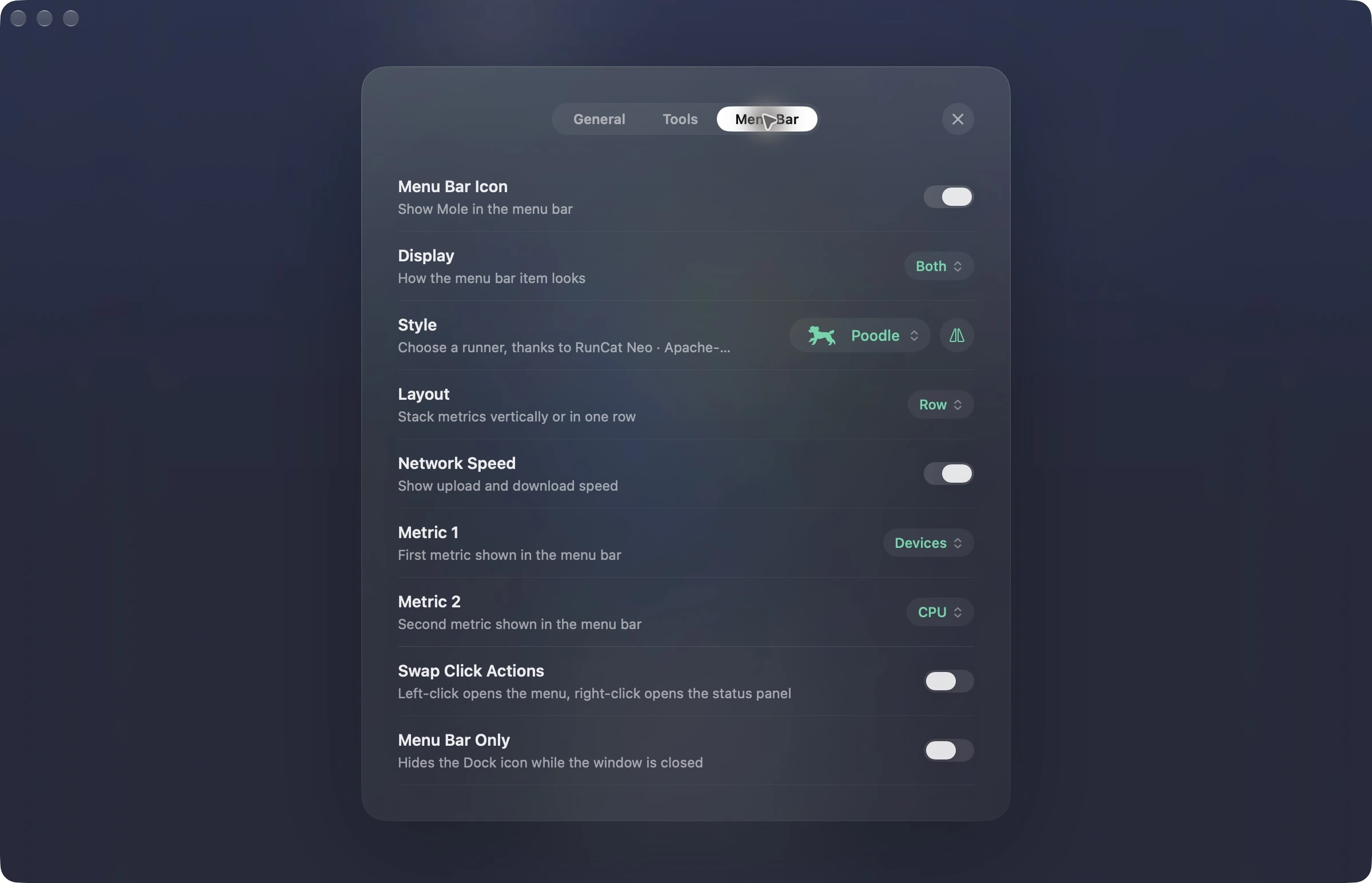 The Menu Bar tab in Mole's Settings, showing options such as Display and Style.