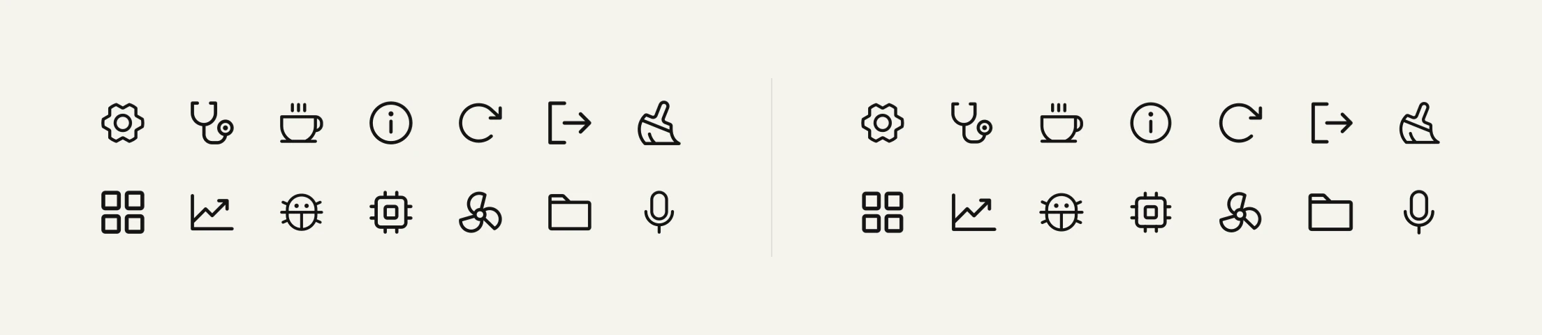 The same 14 icons at two sizings. On the left, sized by width or by the longer side, some look larger and some smaller; on the right, sized to one visual size, they look the same.