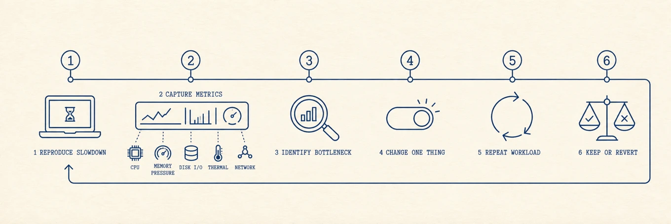 A six-step diagnostic loop reproduces a slowdown, captures CPU, memory pressure, disk input and output, thermal, and network metrics, identifies one bottleneck, changes one thing, repeats the workload, and keeps or reverts the change.