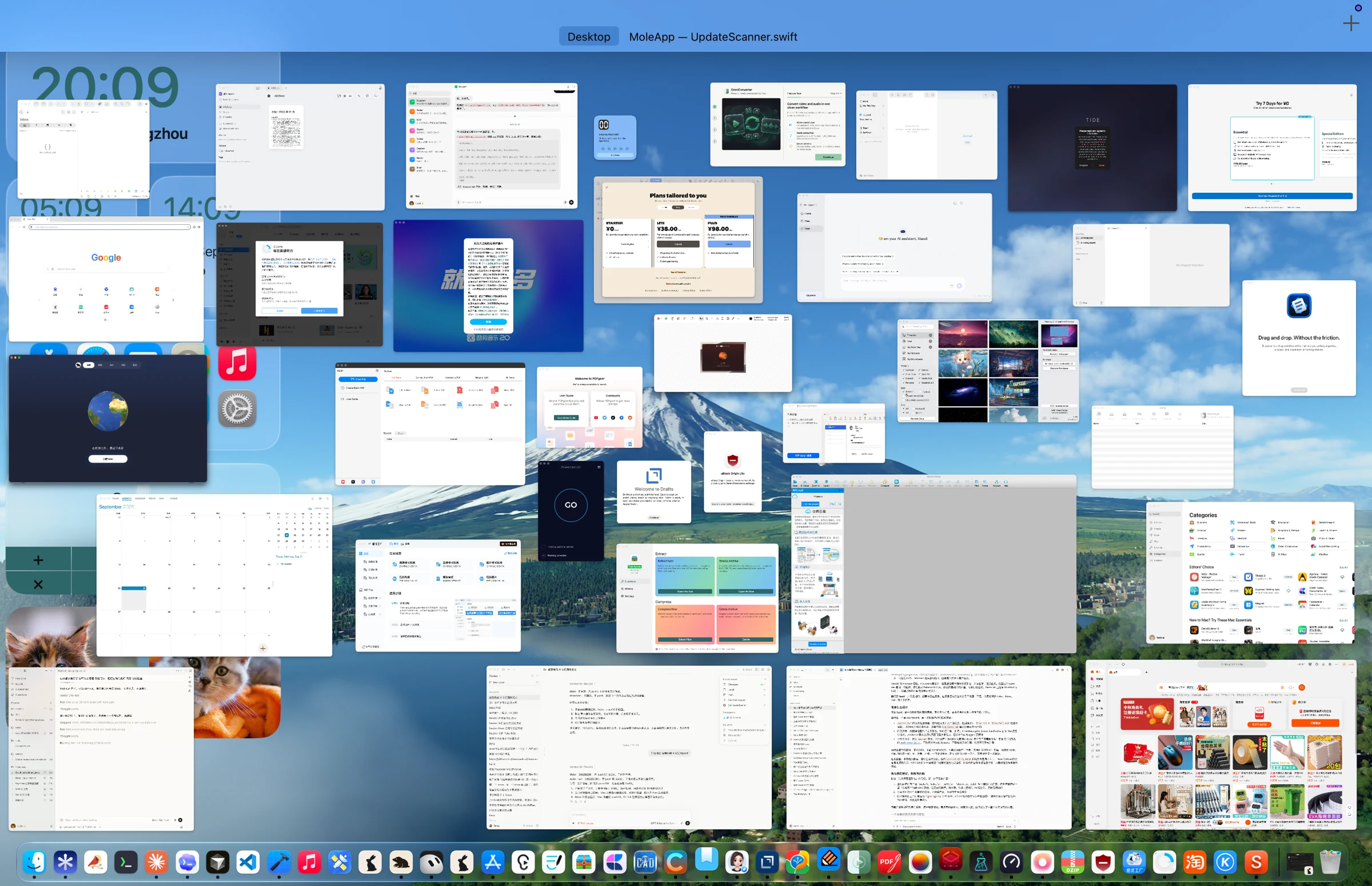 My actual desktop during testing, crowded with apps, permission prompts and work windows.