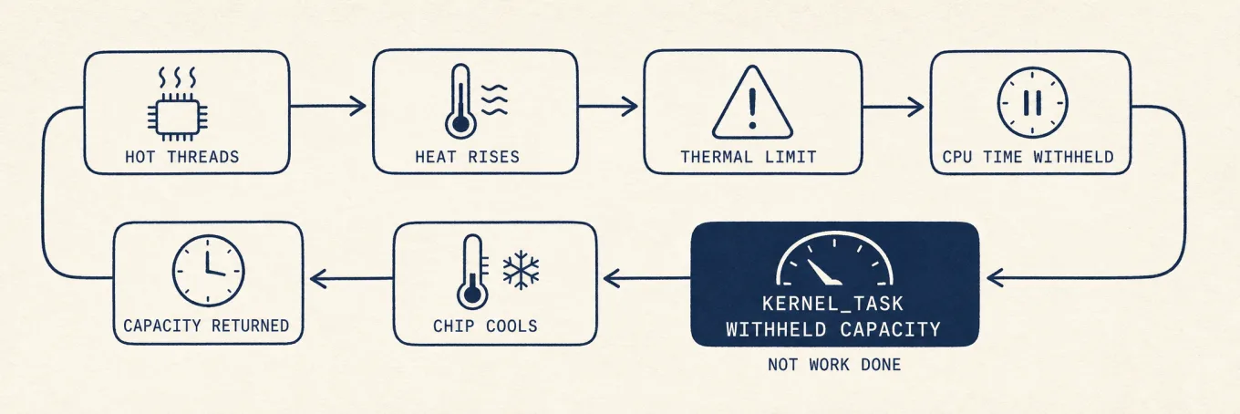 As temperature nears the limit, macOS withholds CPU time from hot threads and attributes it to kernel_task, the chip cools, and the time is released, shown as a loop.