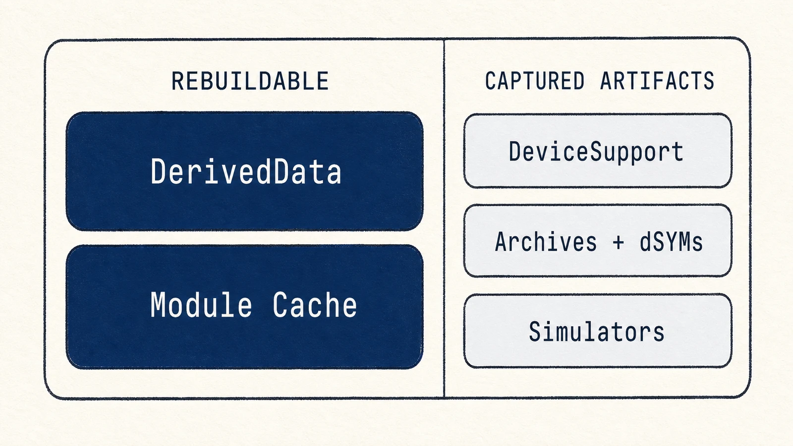 The Xcode developer folder divided into rebuildable caches, DerivedData and module cache, and captured artifacts, DeviceSupport, Archives, and simulators.