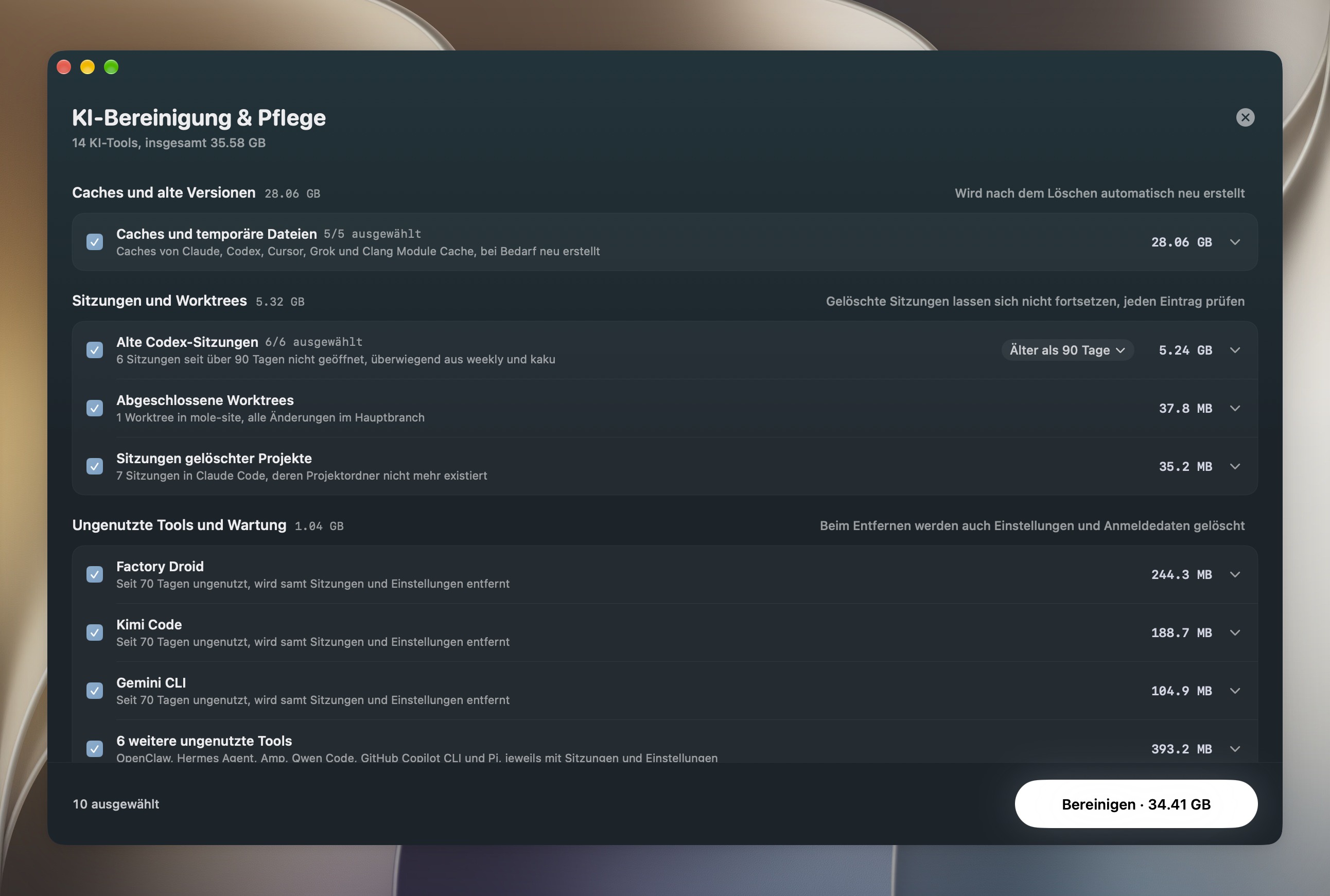 Seite KI-Bereinigung & Pflege mit allen Zeilen ausgewählt: Caches von KI-Tools, alte Codex-Sitzungen, bereinigbare Worktrees und lange ungenutzte Tools, jeweils mit Größe und Folgen des Löschens