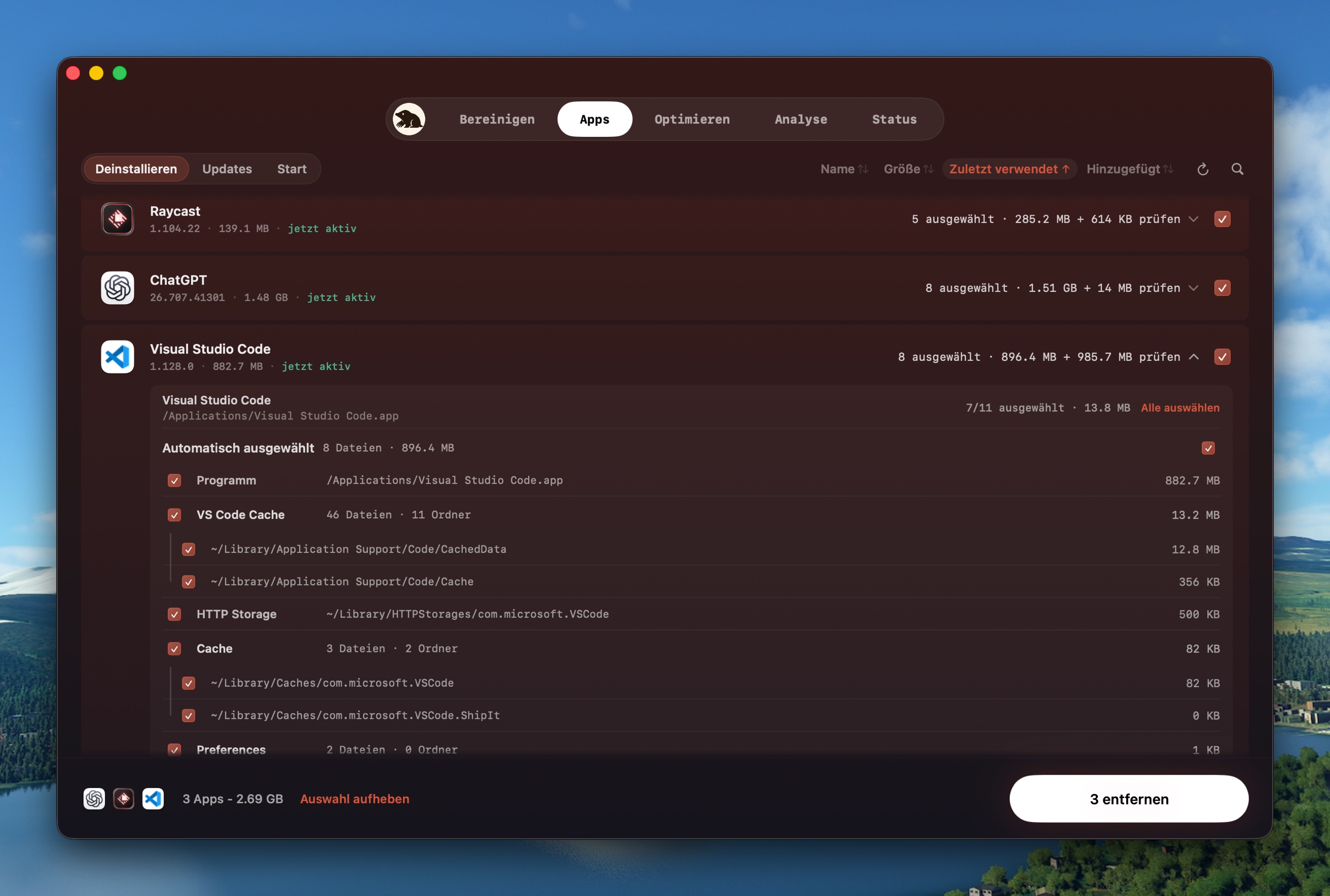 Apps-Tab mit Updates, Startobjekten und Deinstallationsfunktionen