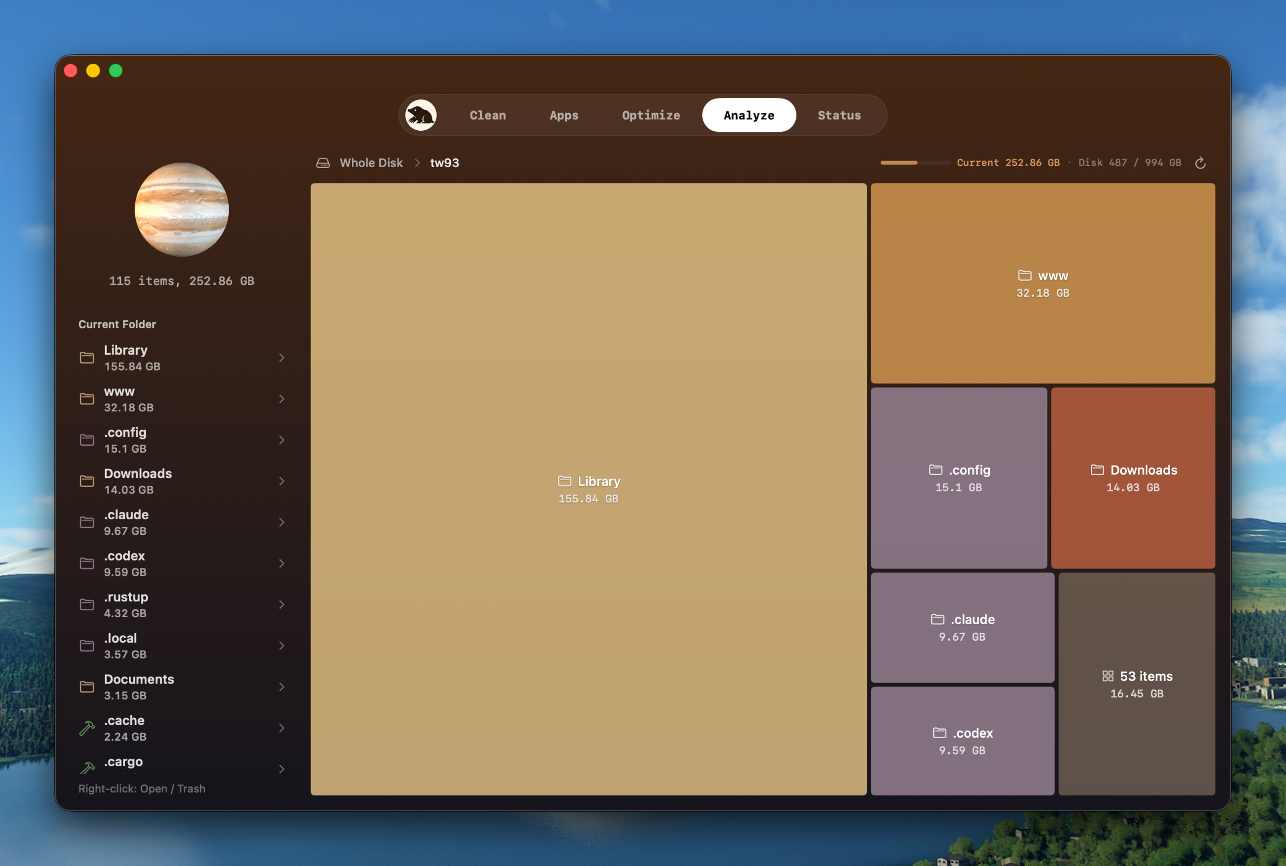 Analyze tab showing a treemap of disk usage