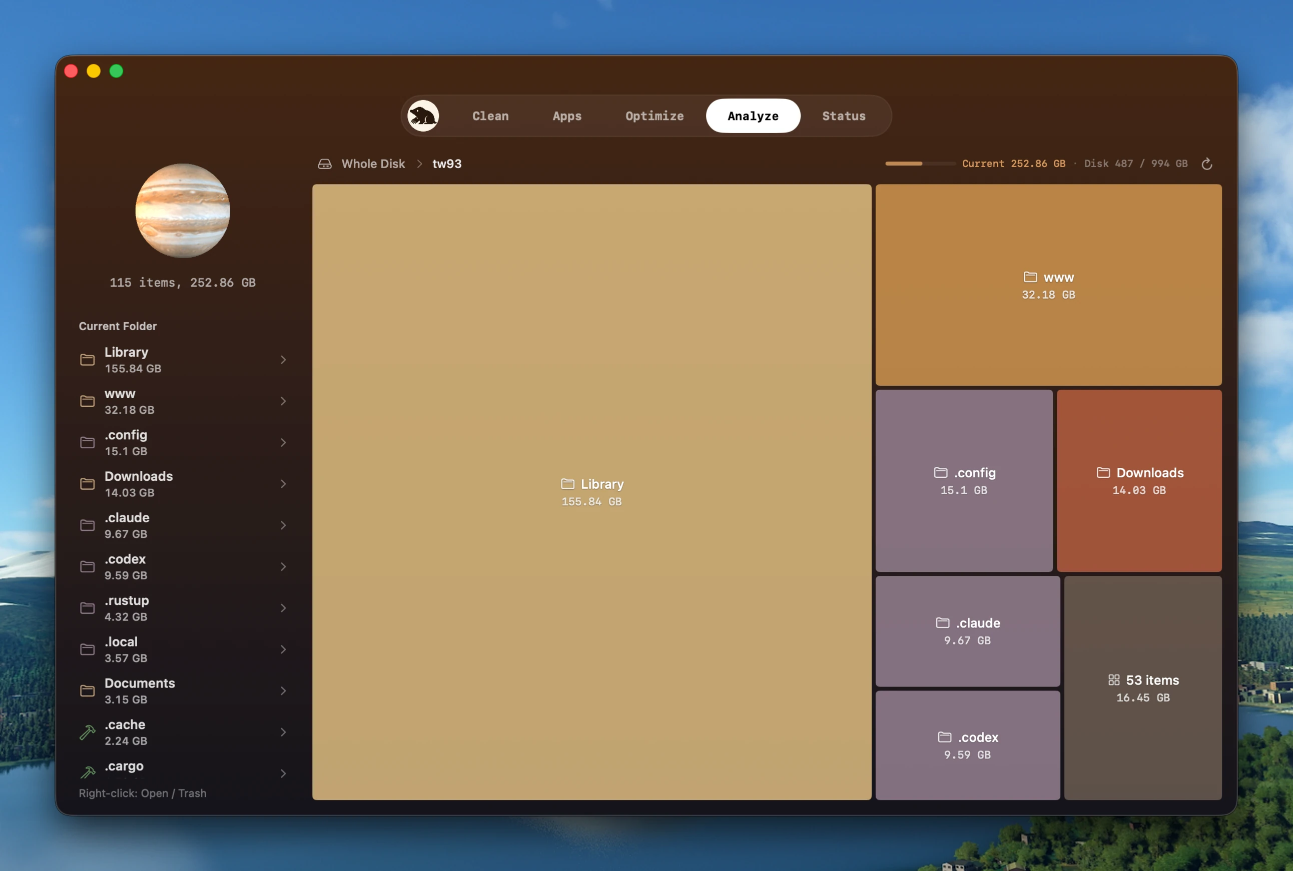 A disk analyzer showing the whole disk as a treemap: Library fills the largest block at 155.84 GB, with www, Downloads, and other user folders sized as smaller blocks beside it.