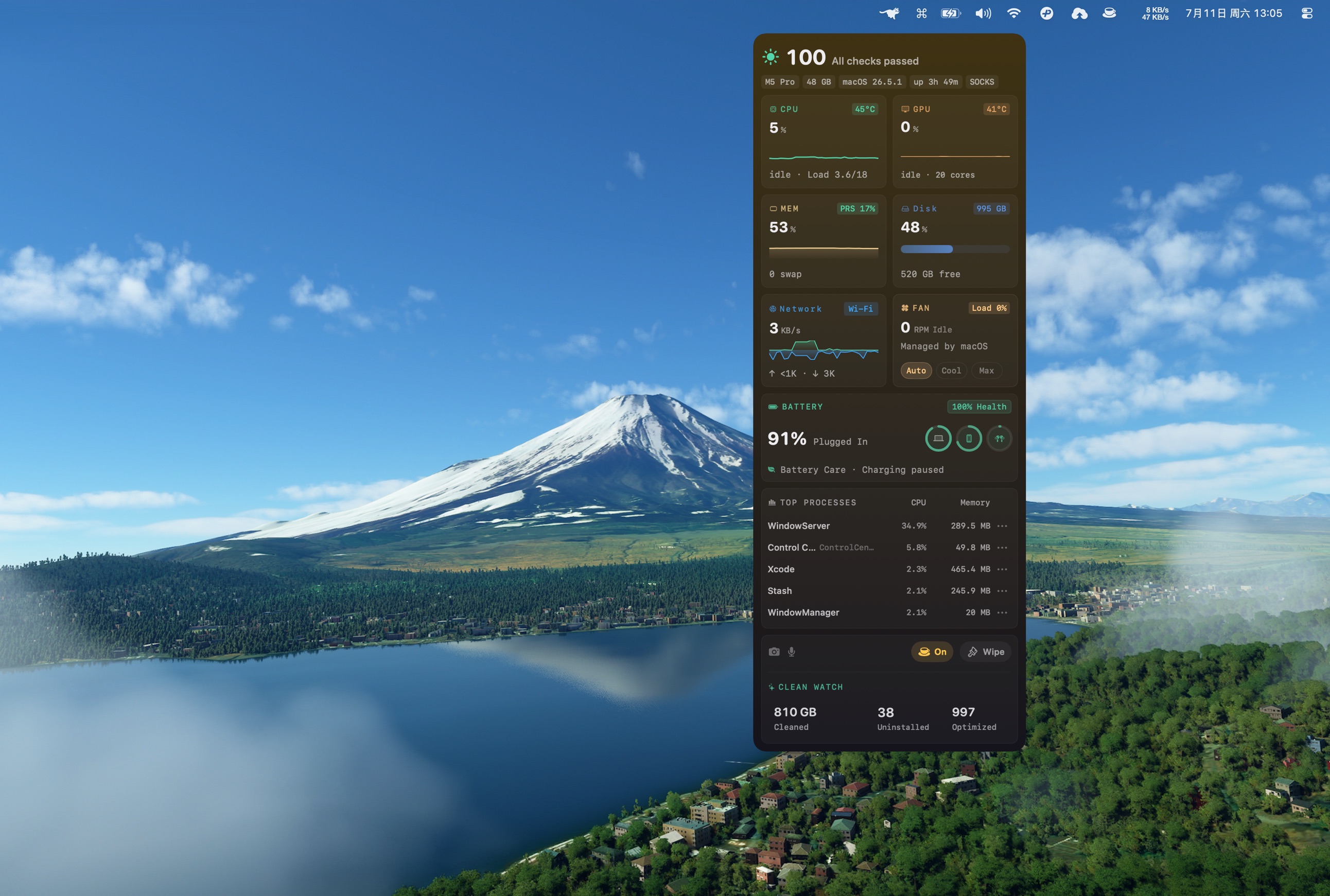 Menu bar HUD showing runner animation, live metrics, privacy activity, Keep Screen On, hardware tiles, and top processes