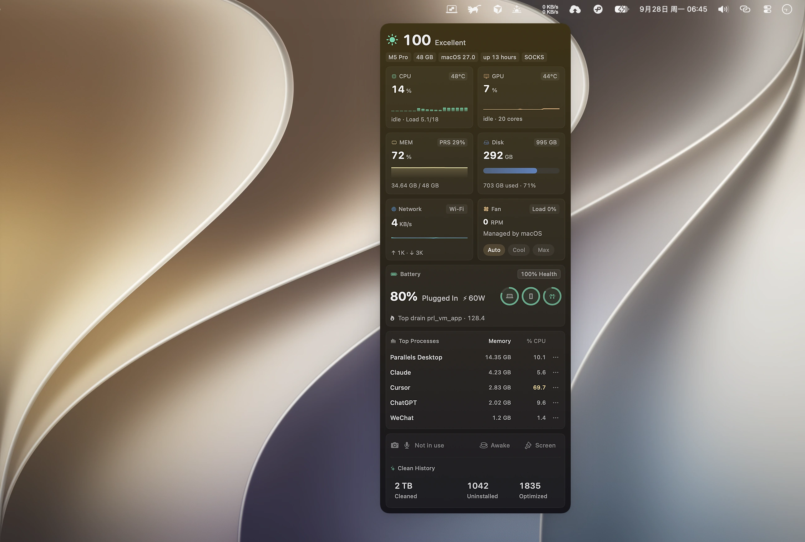 Mole's menu bar panel open under its icon, with the health score, CPU and GPU temperatures, memory, disk, network, fan, battery, and the top processes.