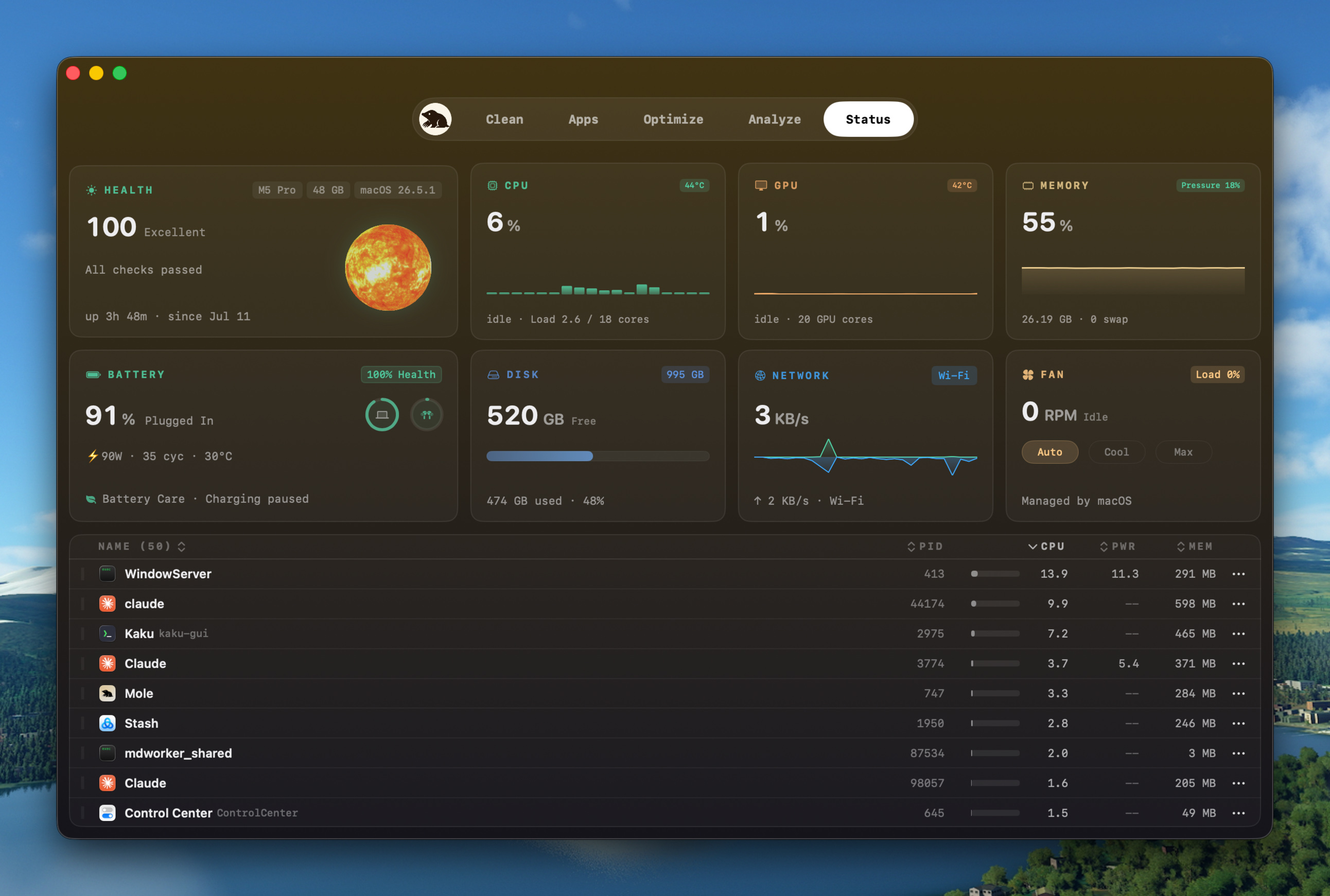 Status dashboard with CPU, memory, GPU, disk, network, battery, and processes