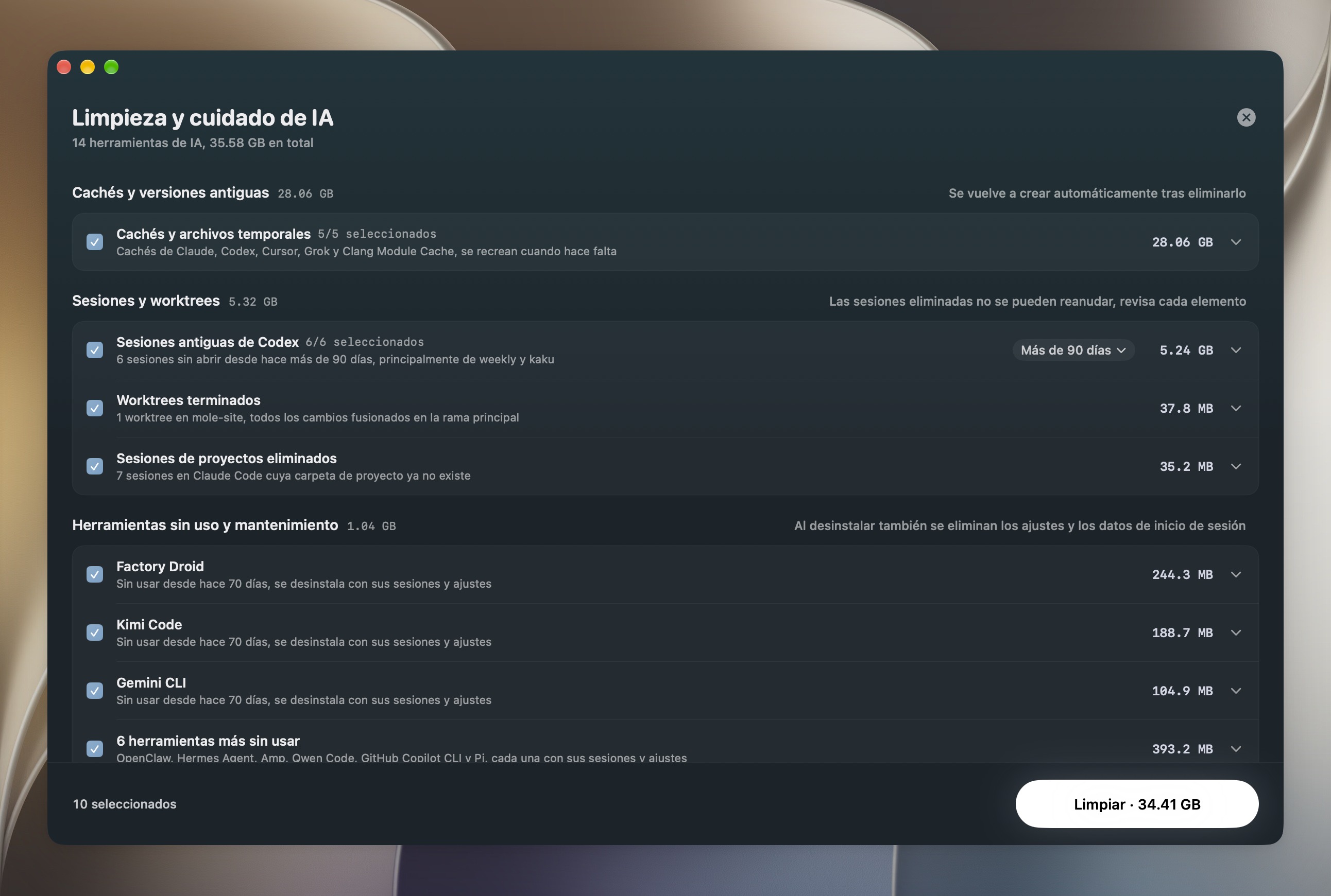 Página Limpieza y cuidado de IA con todas las filas marcadas: cachés de herramientas de IA, sesiones antiguas de Codex, worktrees que se pueden limpiar y herramientas sin usar desde hace tiempo, cada una con su tamaño y lo que cuesta borrarla