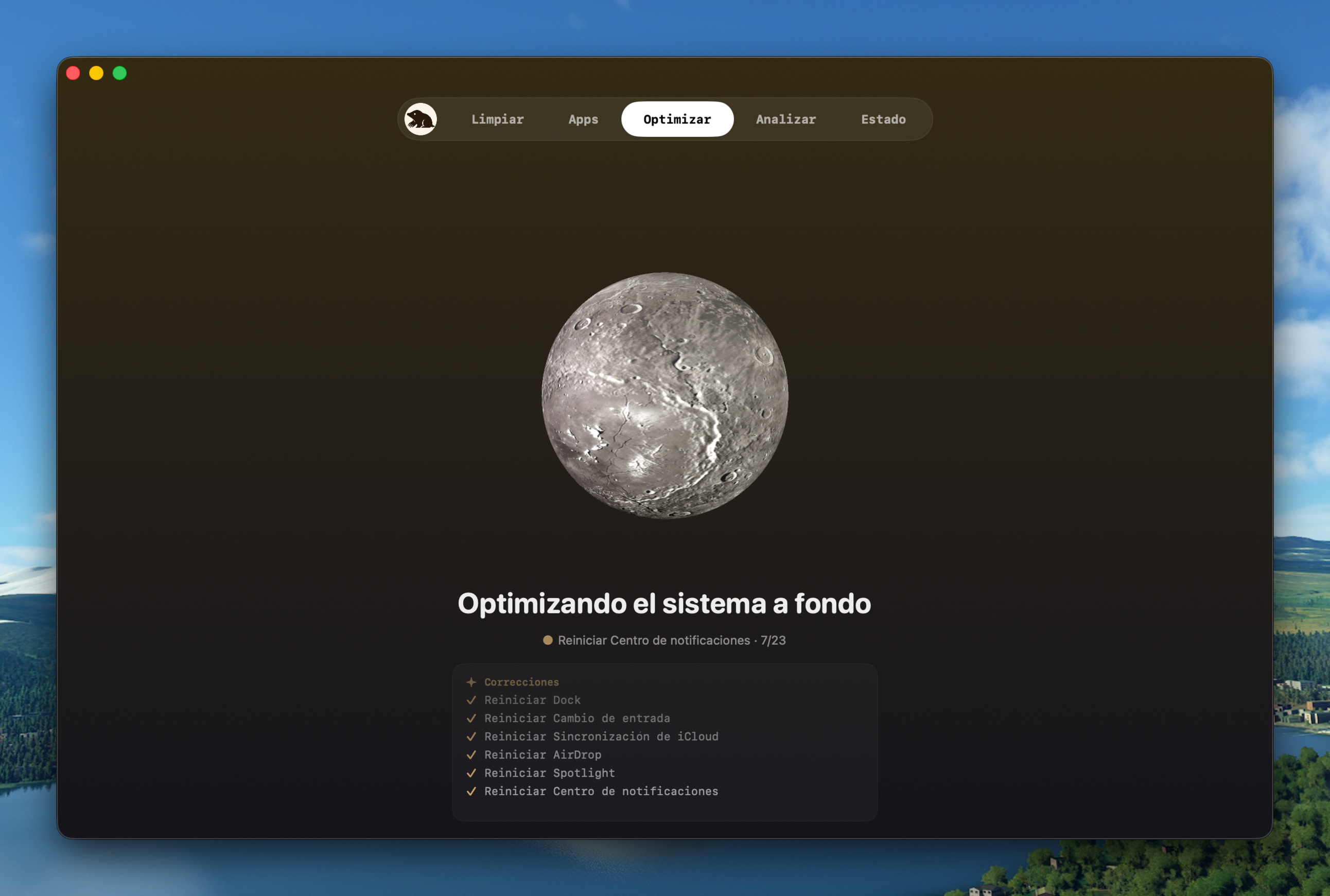 Planeta Mercurio, representando la pestaña Optimizar