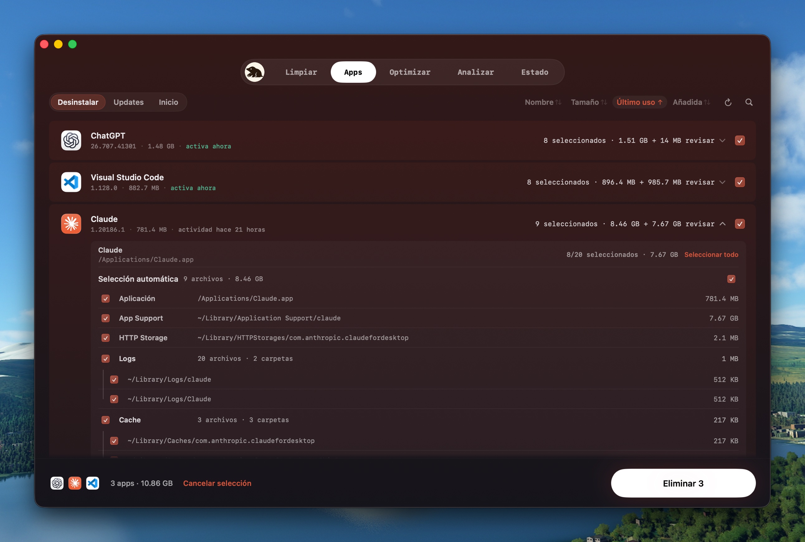 Pestaña Apps con actualizaciones, elementos de inicio y controles de desinstalación