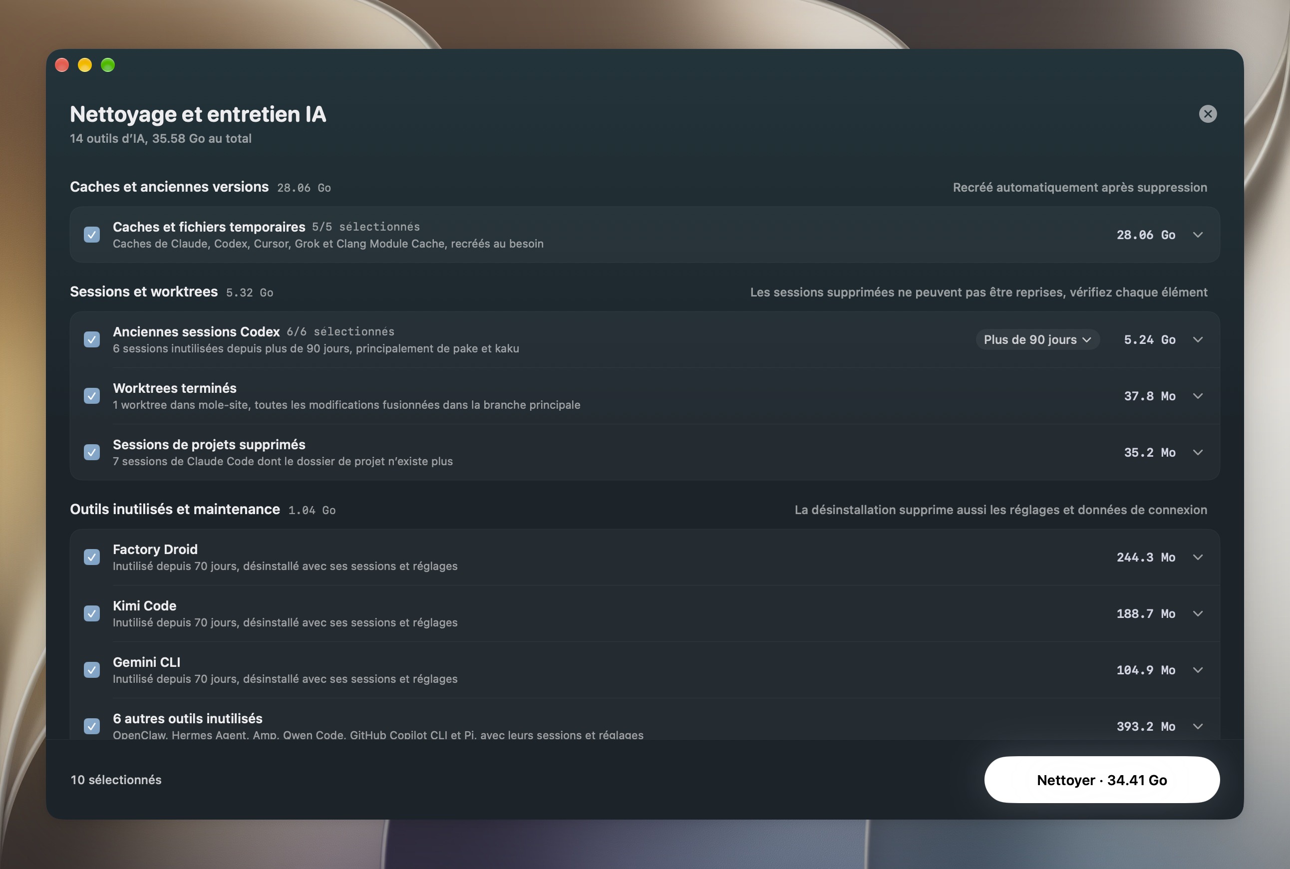 Page Nettoyage et entretien IA avec toutes les lignes cochées : caches d’outils IA, anciennes sessions Codex, worktrees pouvant être nettoyés et outils inutilisés depuis longtemps, chacun avec sa taille et ce que coûte sa suppression