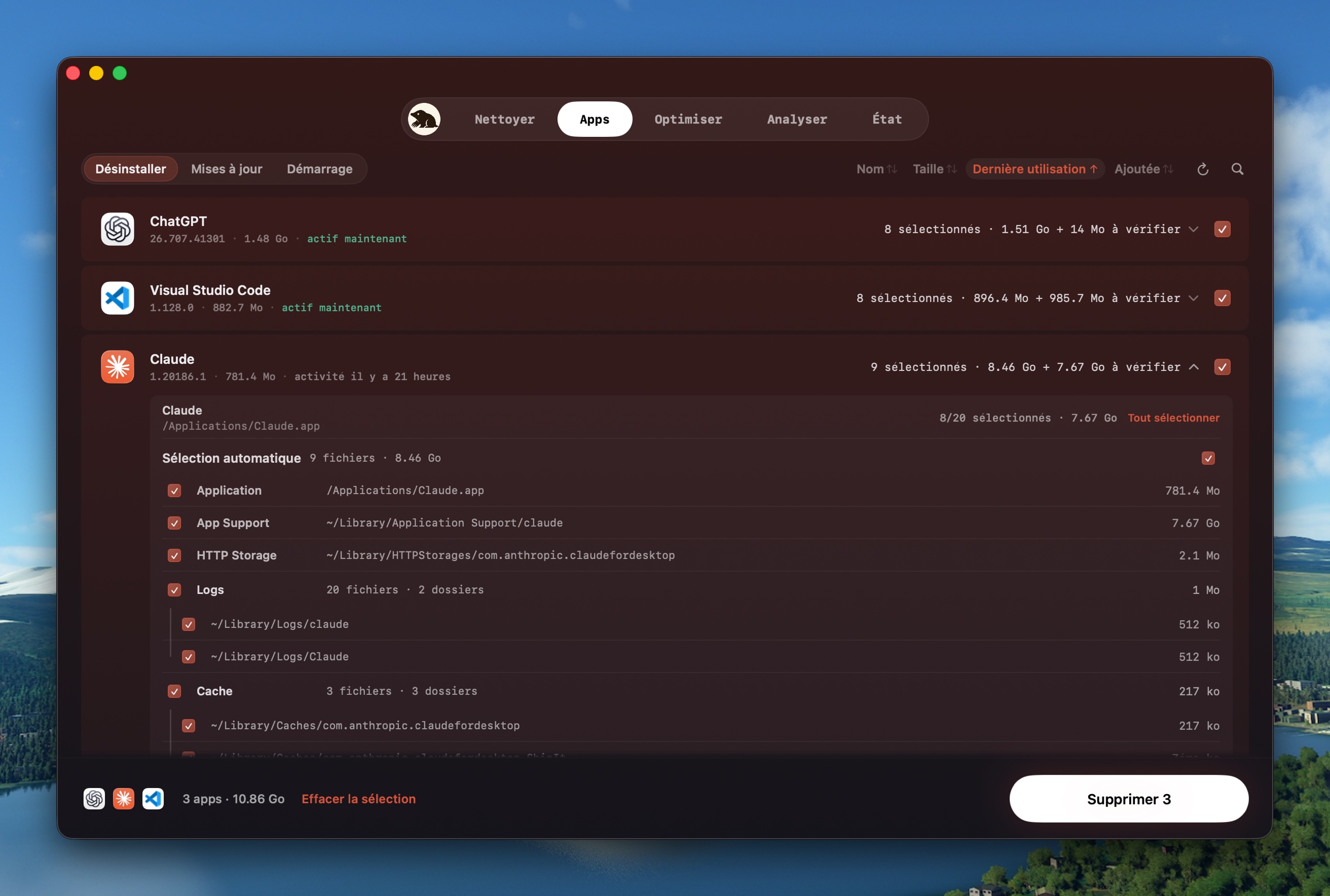 Onglet Apps avec mises à jour, éléments de démarrage et commandes de désinstallation