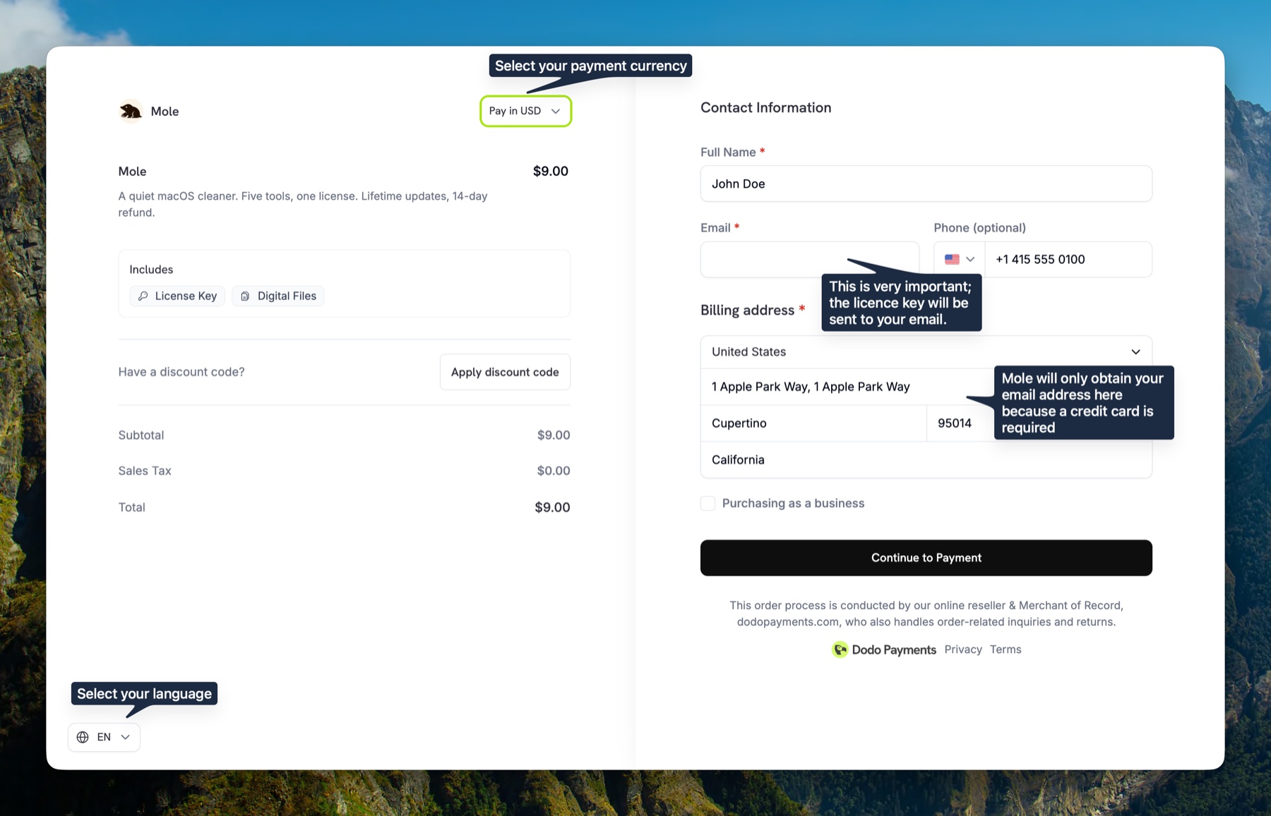 Dodo Payments checkout, contact and billing