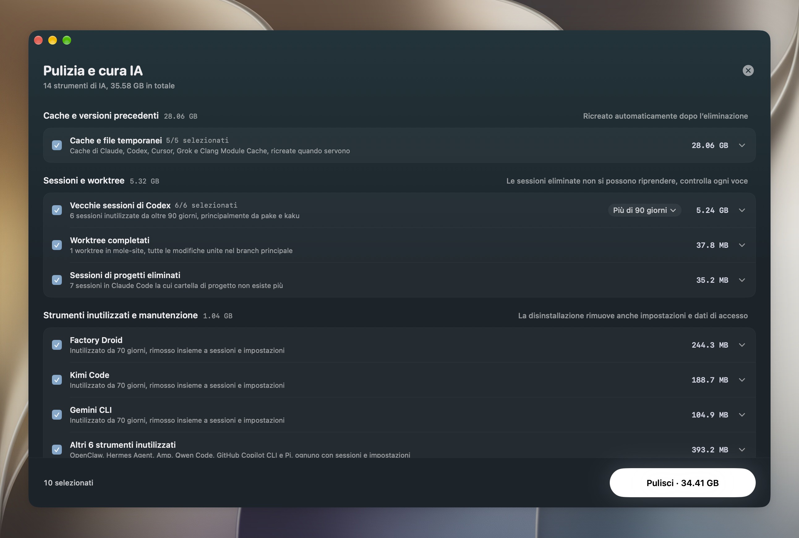 Pagina Pulizia e cura IA con tutte le righe selezionate: cache degli strumenti IA, vecchie sessioni di Codex, worktree che possono essere eliminati e strumenti inutilizzati da tempo, ognuno con dimensione e costo dell’eliminazione