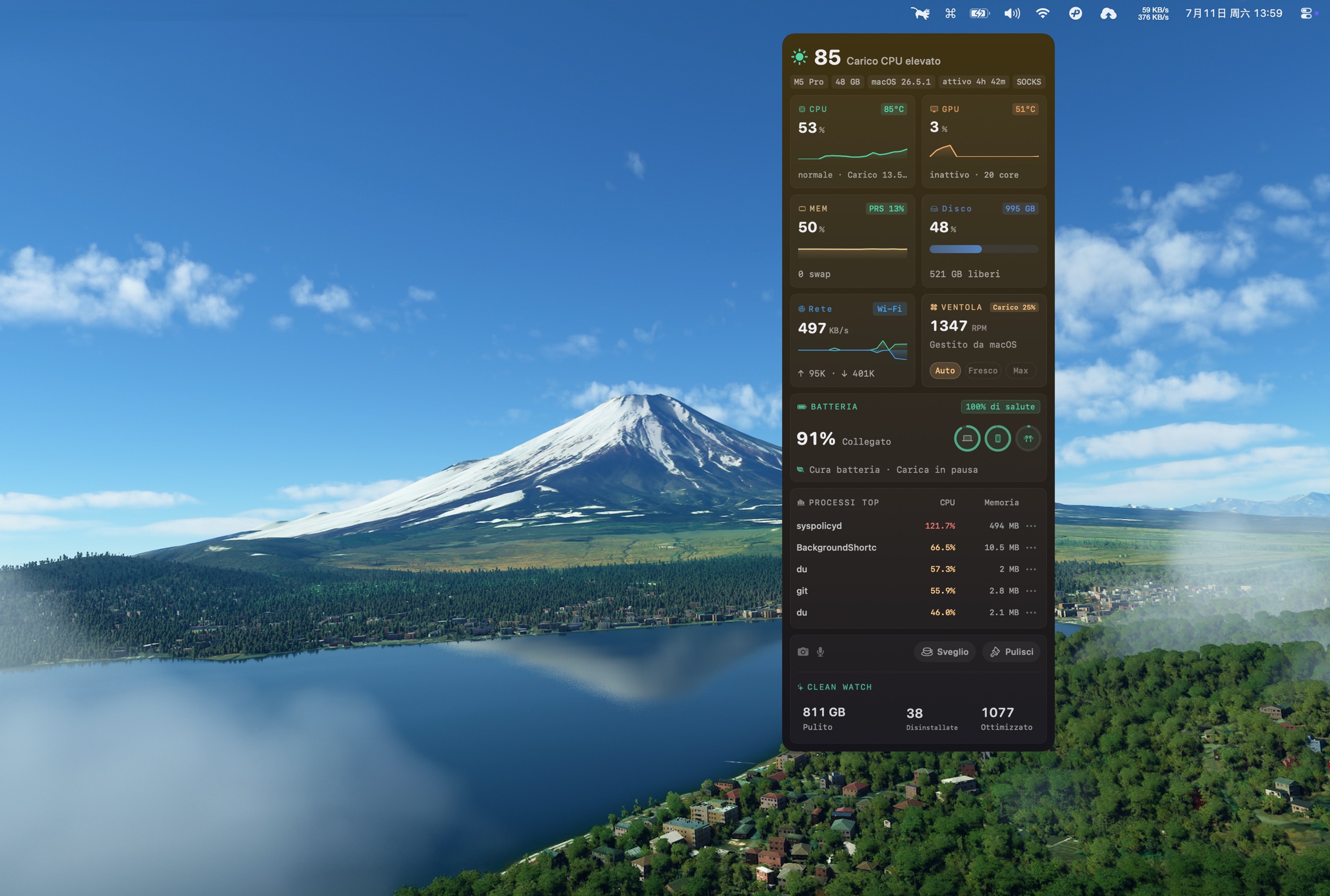HUD della barra dei menu con animazione del corridore, metriche in tempo reale, attività legata alla privacy, schermo sempre acceso, schede hardware e processi principali